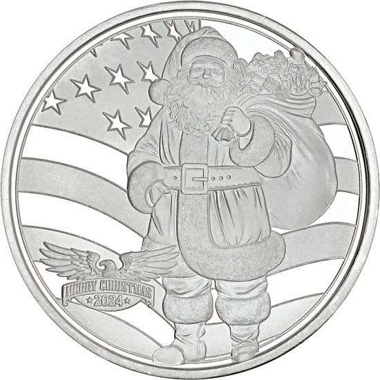 2024 Patriotic Santa Claus 1 oz Silver Round silver, rounds, silver coins, 1 oz silver, 999 silver, christmas, silver, fine silver coins, holiday